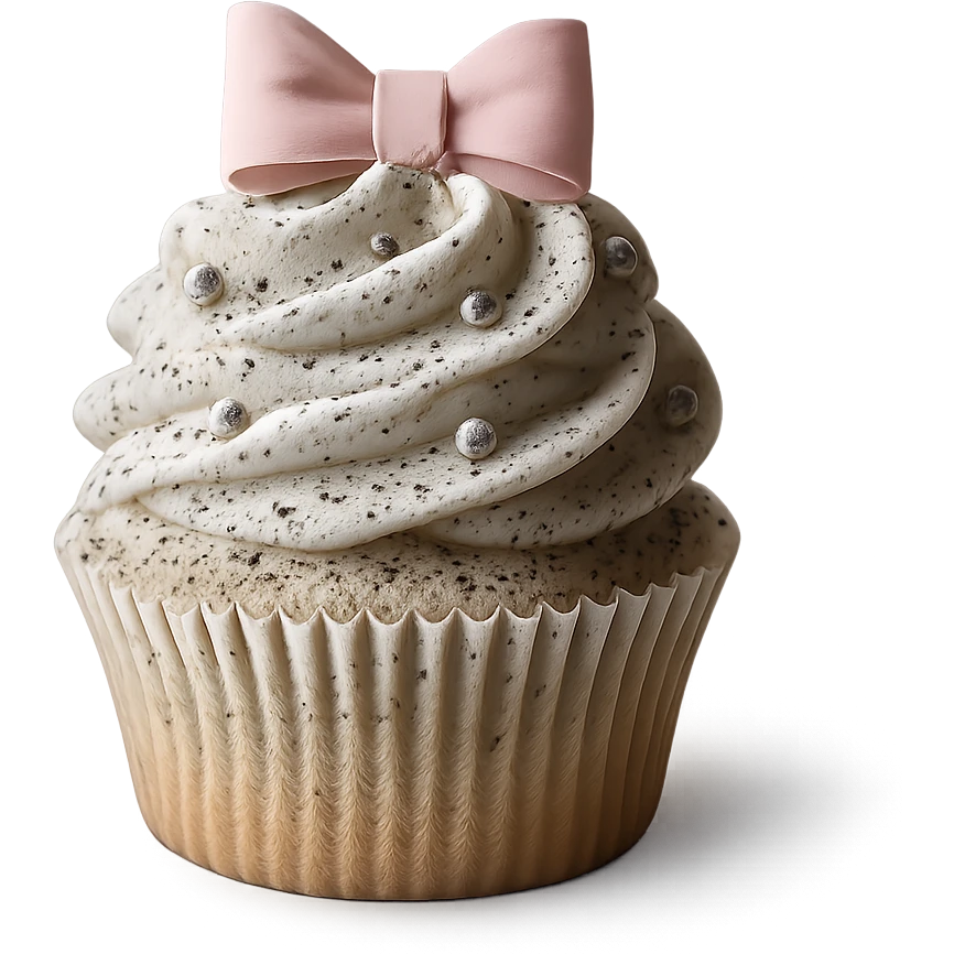Change the icing to cookies and cream style with white icing and visible cookie crumbs, keep the realistic cupcake and accessories, photorealistic style, transparent background. emoji