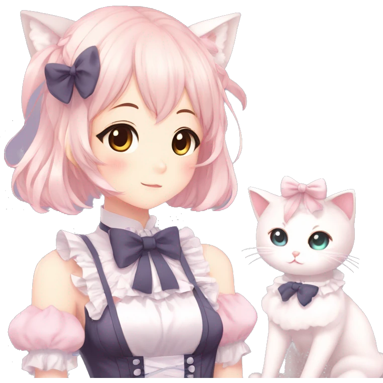 Gorgeous anime style catgirl with blushing face with maid outfit bow tie idol model kawaiicore pearly petite simplistic aesthetic trending style emoji