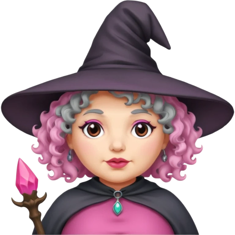 plump witch with pink skin, grey curl hair emoji
