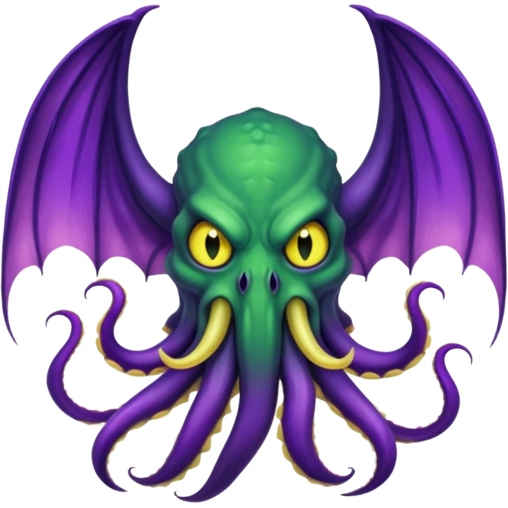 deep green Cthulhu with purple bat wings and purple gradient tentacles. Yellow angry eyes. yellow suckers on tentacles. dramatic ominous shading. two saber-teeth emoji