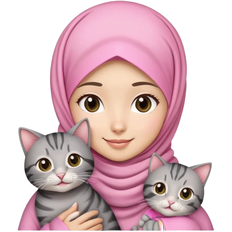 Asian white girl wearing pretty pink hijab holding a black grey tabby cat with smiling emoji
