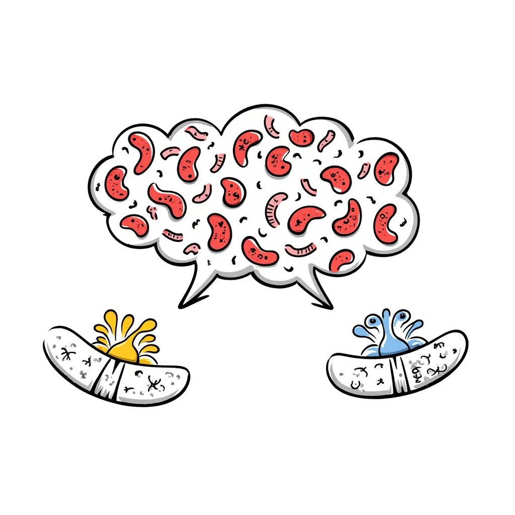 Anatomical diagram of antimicrobial mechanism: red bacteria with labeled parts (cell wall, membrane, DNA) surrounded by yellow antibiotic molecules and blue antimicrobial peptides breaking through cell structures. Hand-drawn scientific illustration with detailed cross-section view. emoji