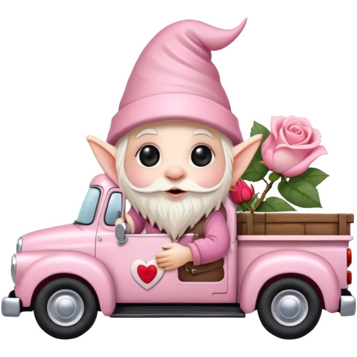 An adorable little pale pink Valentine’s Day style gnome with large glistening eyes, holding a rose with hearts in the background riding in the back of a beat up old pick up truck emoji