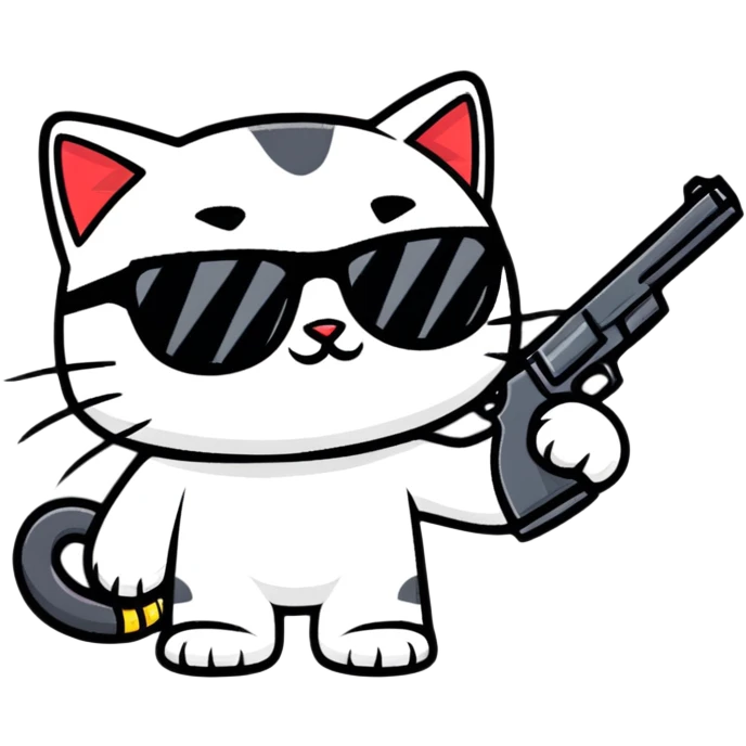 black cat with sunglasses and a gun emoji
