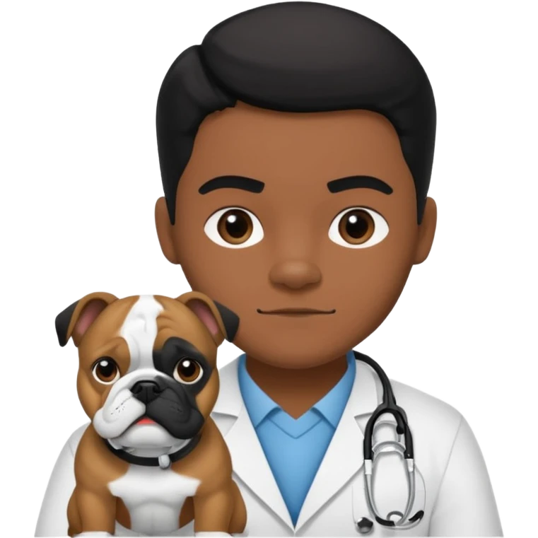 joven médico con el pelo un poco largo pero no tanto y lacio, que tenga un estetoscopio de color de piel tez negra calida !!! que sostiene un bulldog francés blanco y negro  emoji