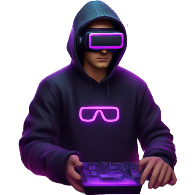 Russian man wearing a black hoodie with "OMG" letters on it and VR headset in a cyberpunk VR environment with violet neon lighting. emoji