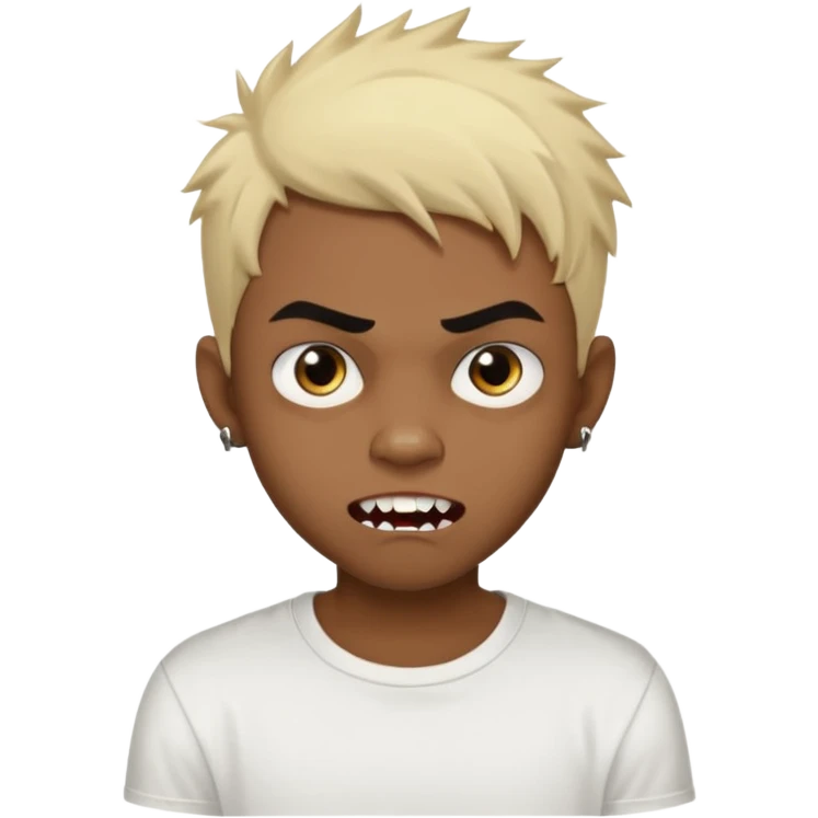 Black Male Teenager with Short punk messy blonde hair, Dark brown bushy eyebrows large expressive golden-brown eyes, wearing a plain white t-shirt, Dark Brown skin color. vampire tooth emoji