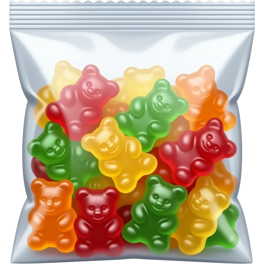 gummy bear candy in transparent plastic bag, colorful jelly bears visible inside, glossy packaging, cute commercial product style, clean white background emoji