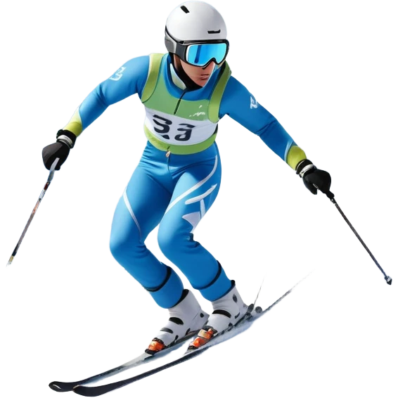 An icon featuring a skier racing down a snow-covered slope, surrounded by snowy peaks, pine trees, and a picturesque mountain landscape. The sky is blue with soft clouds, capturing the thrill and beauty of alpine skiing. Transparent background  emoji