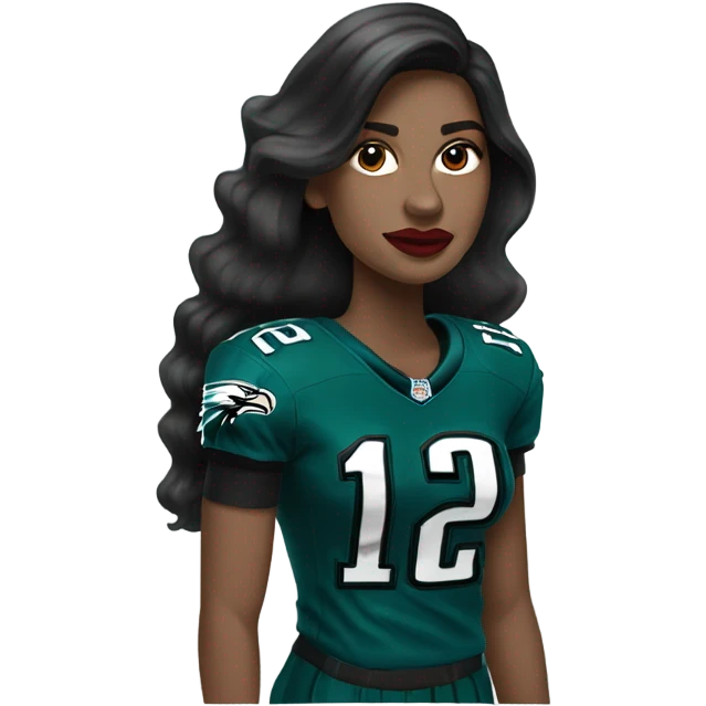 White female long dark hair red lips wearing Philadelphia Eagles jersey emoji
