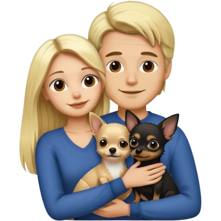 Hombre con pelo largo rubio chica de pelo castaño oscuro  y chihuahua negro amor emoji