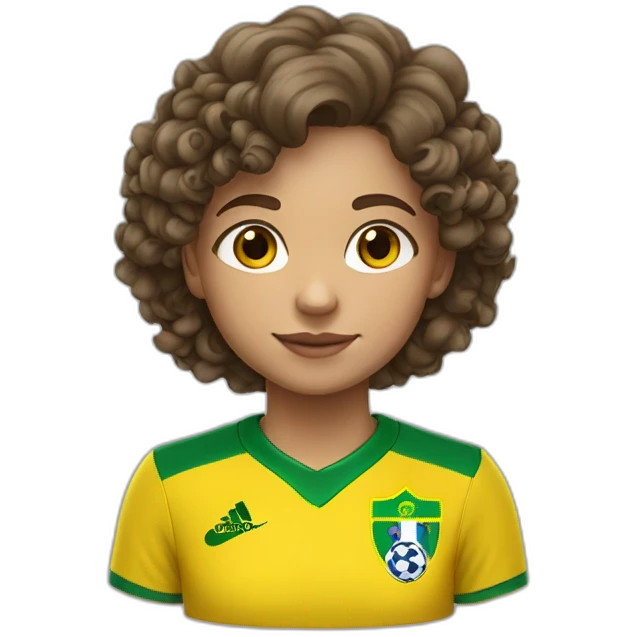 A White 12 years old girl with curly vers brown hair wearing Brazil football shirt emoji