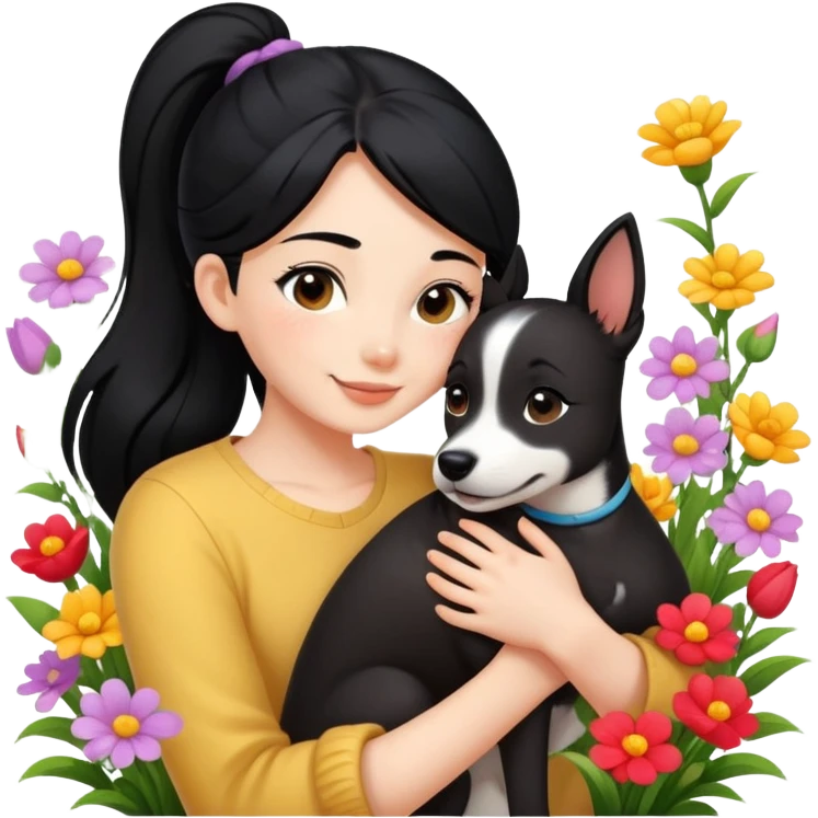 A beautiful girl with black ponytail happily hugs a dog in the flowers emoji