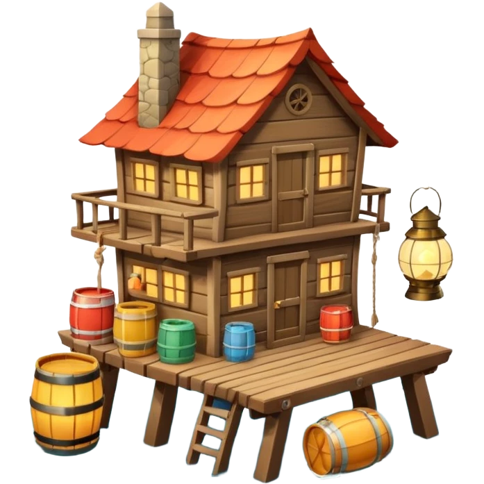 
fisherman house on a wooden pier, small dock, fishing nets hanging, barrels, lantern, ocean vibe, 3D cartoon, cute mobile game icon, clean background, no text
 emoji