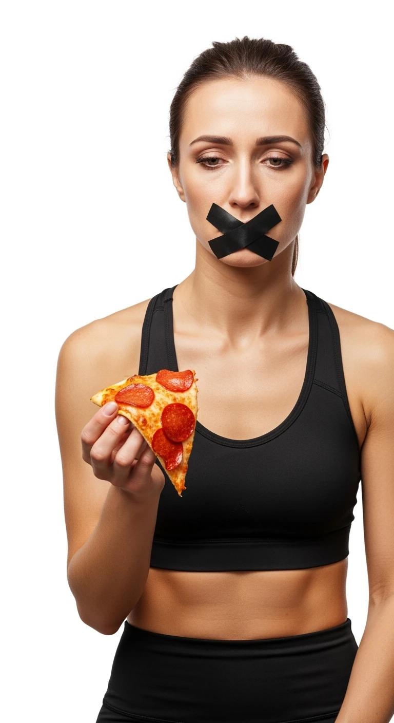 donna fitness con una fetta di pizza in mano ed espressione molto triste e stanca, scotch a croce sulla bocca, sfondo bianco emoji