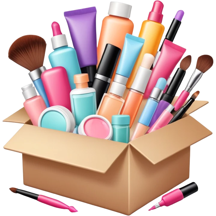 a beauty subscription box with various cosmetics and skincare items spilling out emoji
