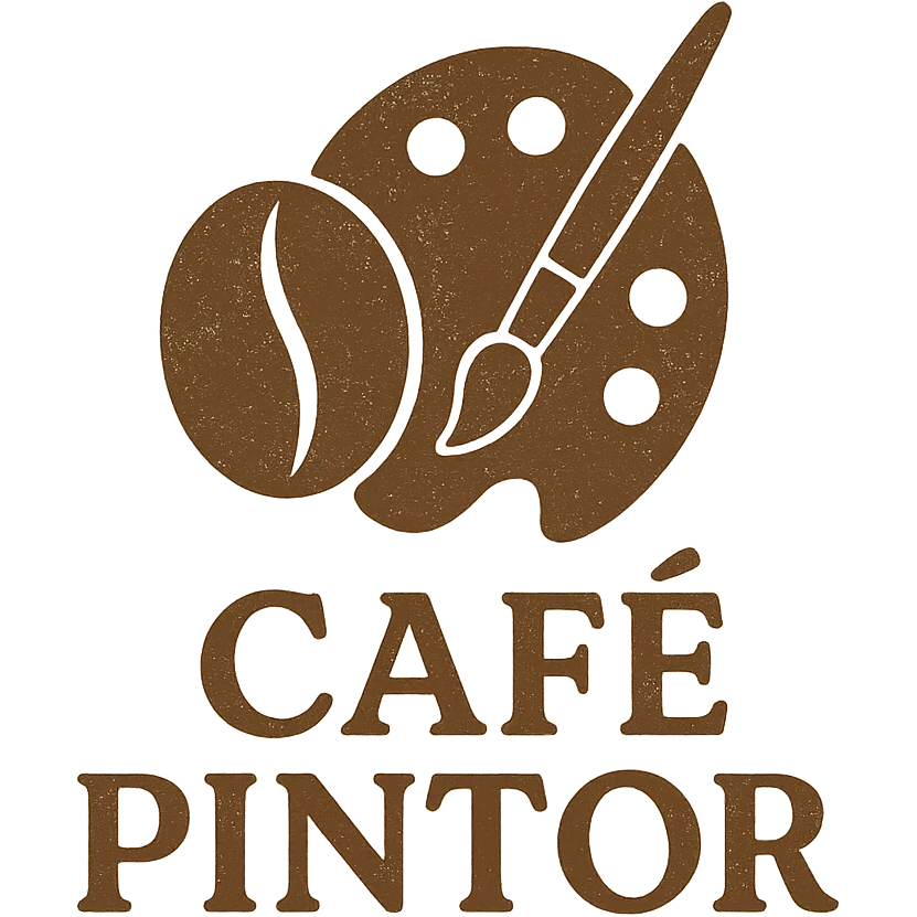 logo for 'CAFE PINTOR' with a coffee bean and a painter's palette, cozy and artistic vibe emoji