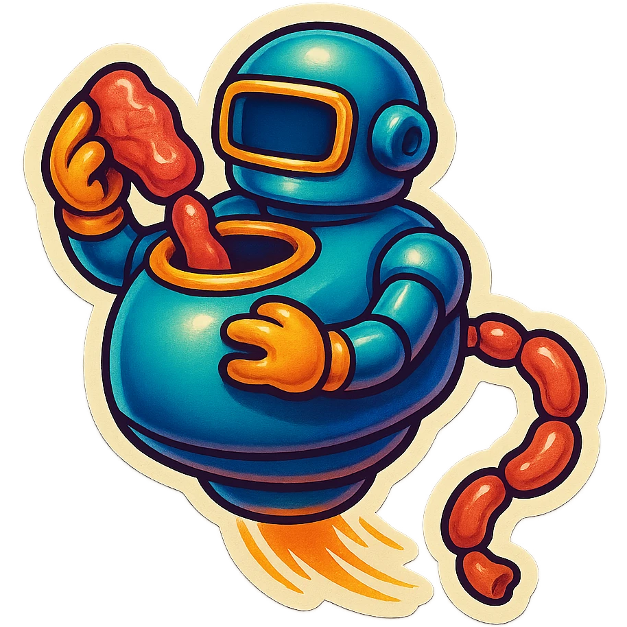 a robot that uses arms to put meat in large hole on top. sausage links come out robots rear. no legs on robot. robot hovers. robot feeds itself meat emoji