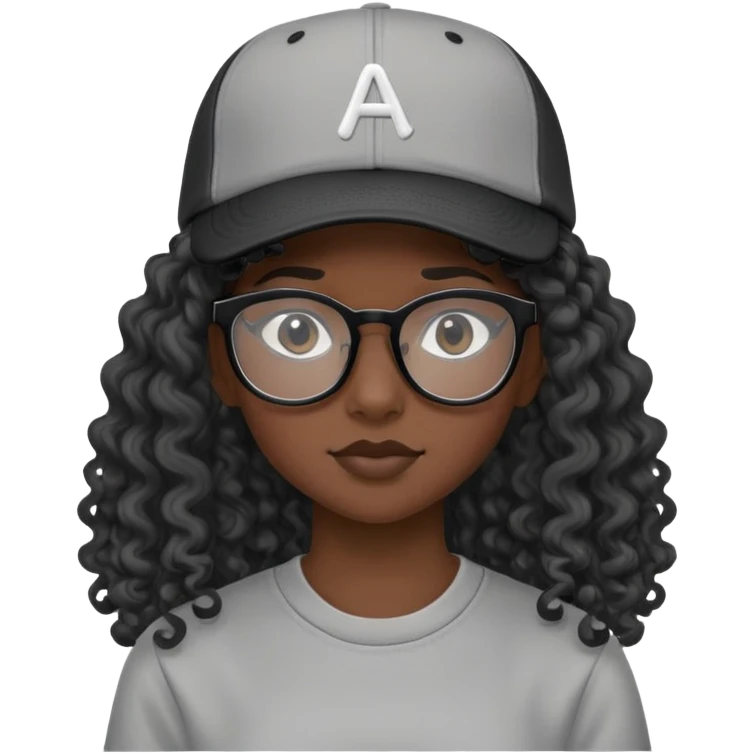 15 years old female, black skin, black framed glasses, long hair (black, curly), backwards baseball cap, gray shirt emoji