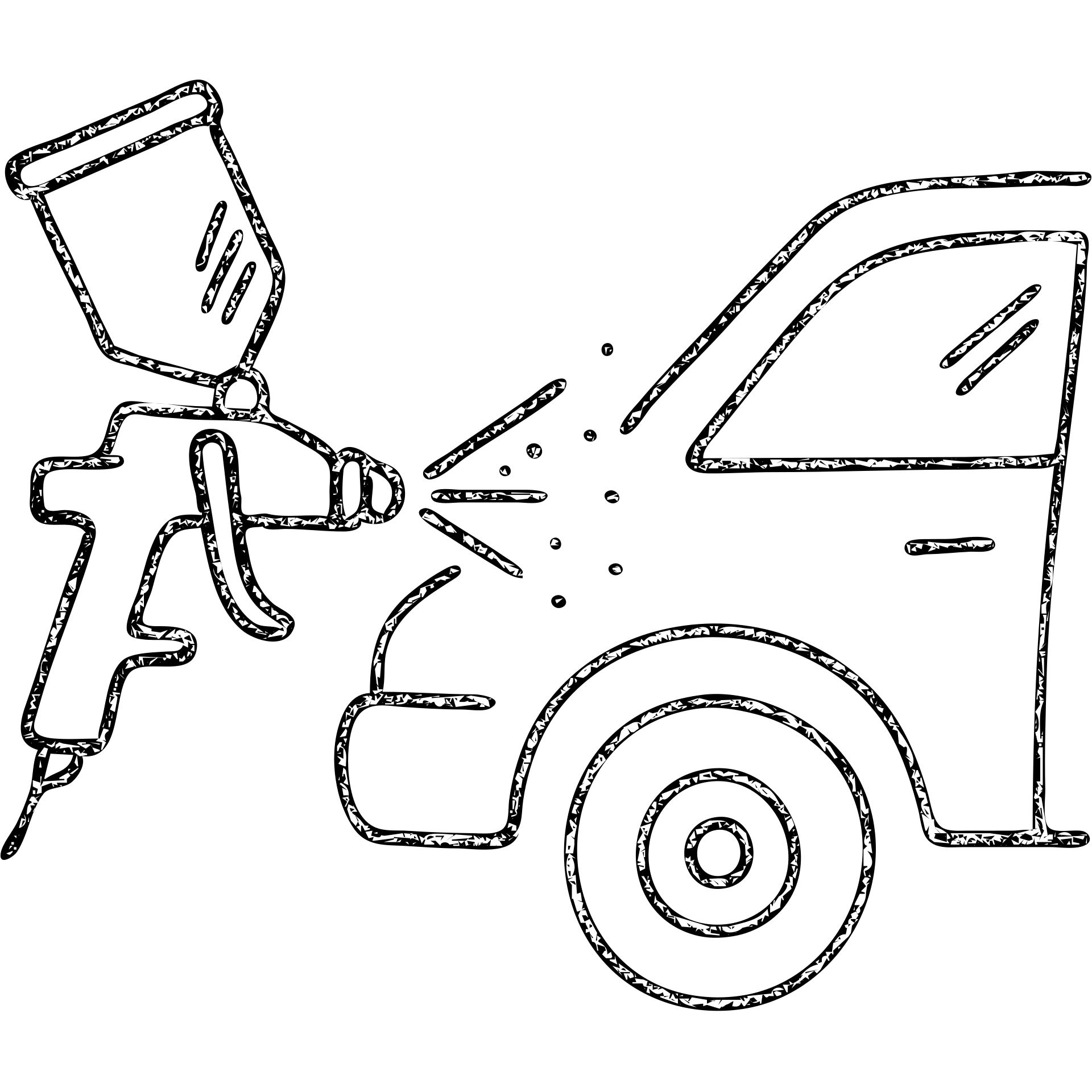 hand-drawn outlined icon of a paint spray gun pointing at a car section, light layer of glossy black paint spraying out, silver details, clean lines, no excess paint, clean and modern emoji