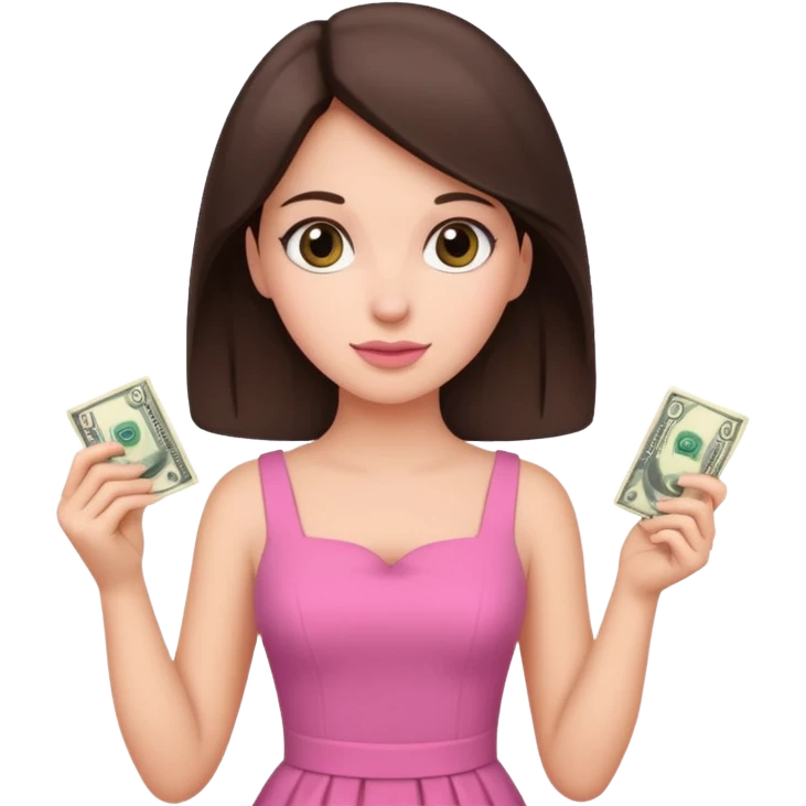 brunet Woman with pink dress holding dolar emoji