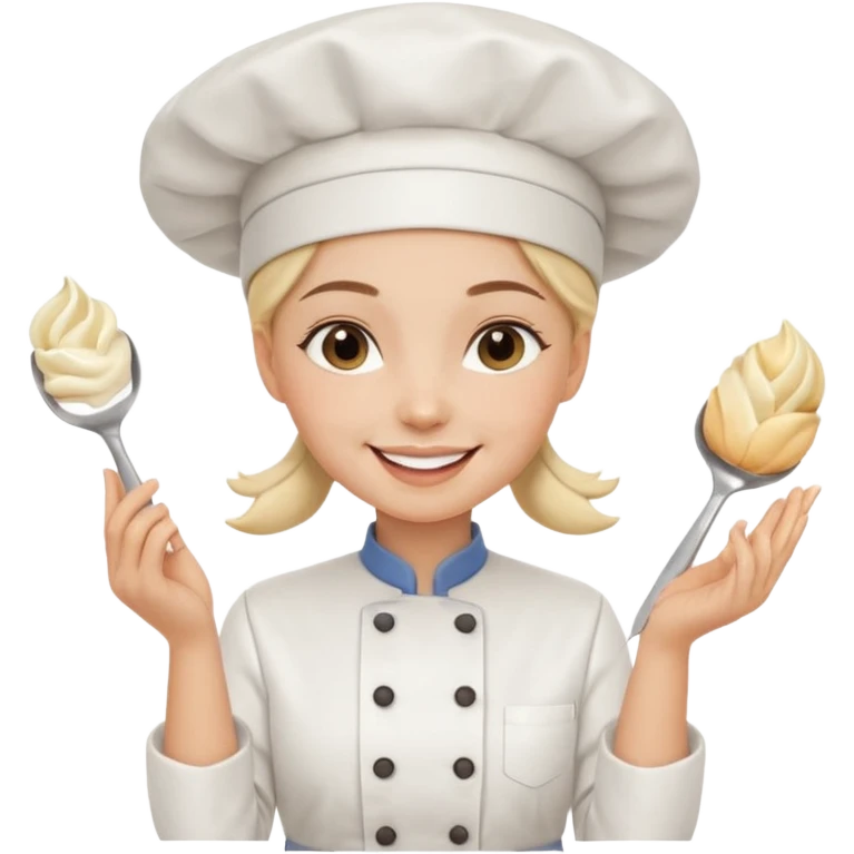 Young female baker - white chef hat, holding cream piping bags in both hands emoji