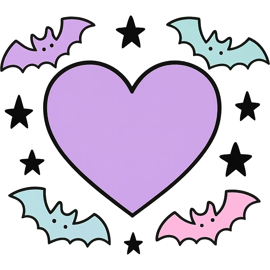 pastel goth heart with pastel bats and black stars ,remove background emoji