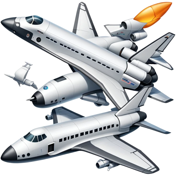 An icon featuring a collage of a space shuttle, a drone, and an airplane, symbolizing aerospace technology. The design includes rocket engines, wings, and flight paths, representing advancements in aviation and space exploration. Transparent background highlights cutting-edge aerospace engineering. emoji