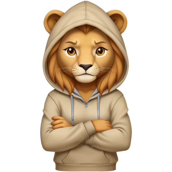 determined anthropomorphised female lion in a hoodie and jeans with arms folded, energetic pose emoji