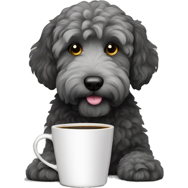 Black and gray goldendoodle dog with coffee cup  emoji