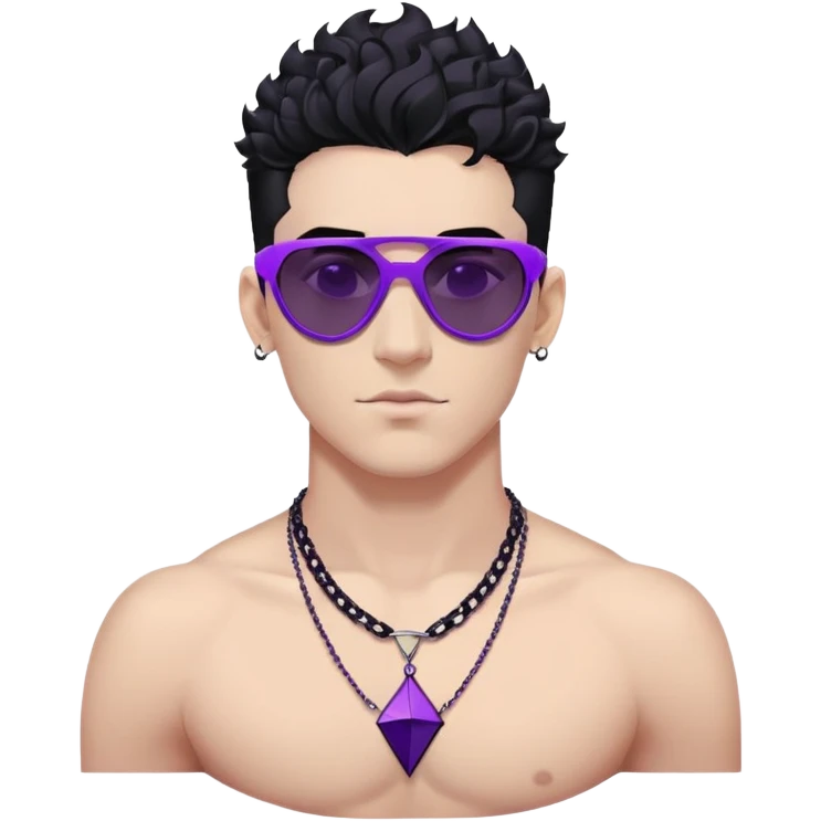 shirtless male athlete with white skin and moderately curly black hair on top with shaved sides, wearing sharp angular geometric purple sunglasses with very dark heavily tinted black lenses, and a simple plain black chain necklace, no earrings emoji