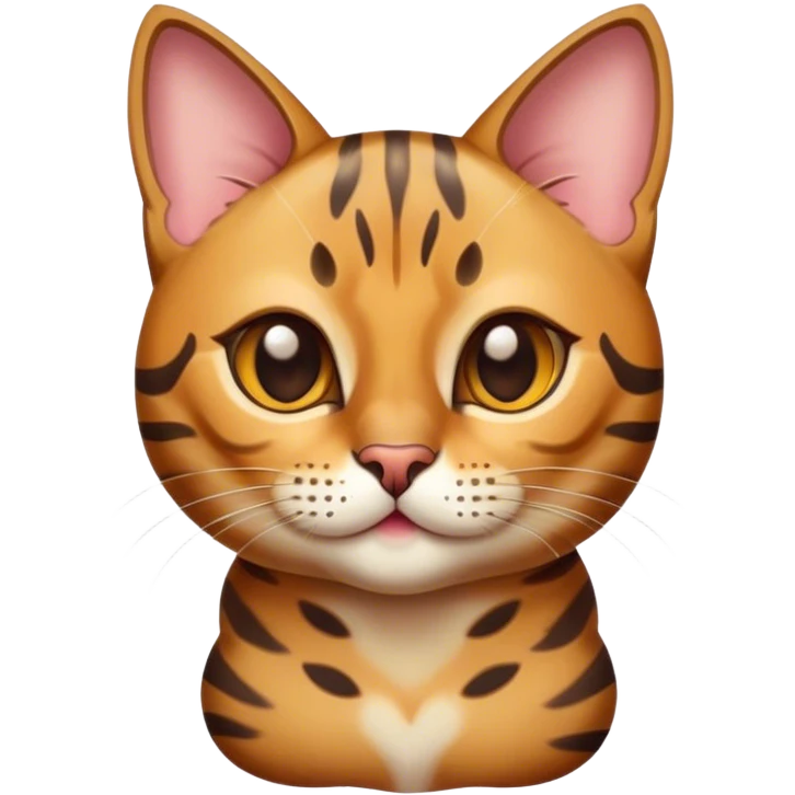 Cinematic Cute Bengal Cat Portrait Emoji, Playful and charming, sleek spotted brown and gold tones, Simplified yet adorable features, highly detailed, glowing with a warm, friendly glow, high shine, curious and affectionate, stylized with a touch of whimsy, bright and alert, soft glowing outline, capturing the essence of a mischievous yet loving kitten, so endearing it feels like it could pounce out of the screen and play! emoji