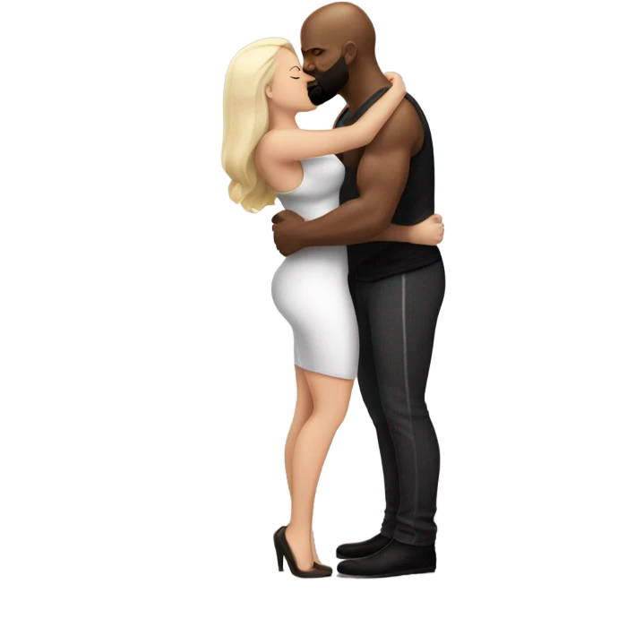 Curvy White brunette kissing muscular black bald man with beard emoji