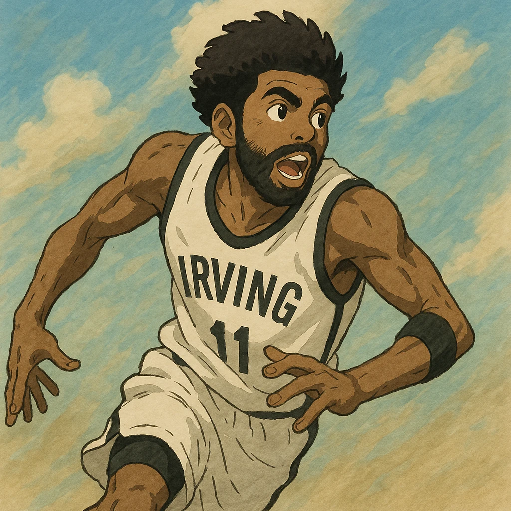Kyrie Irving in Ghibli style, dribbling a basketball, dynamic pose emoji