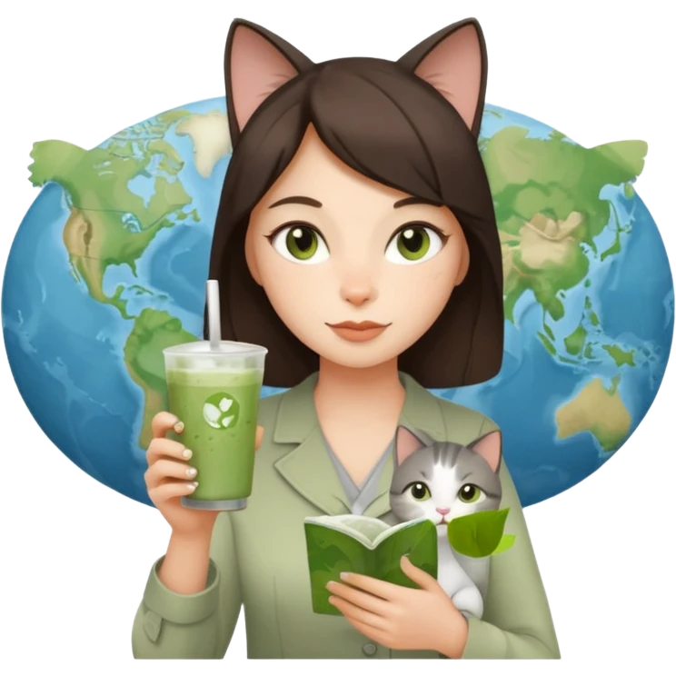 a brunette woman in here 30S drinking an iced matcha, carrying a grey cat and a map of the world emoji