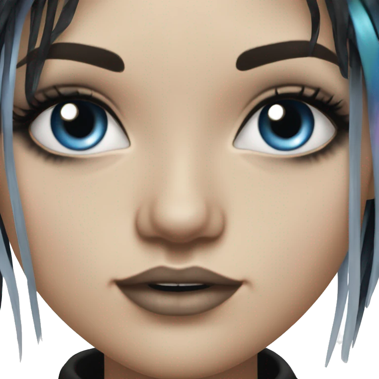Hyperrealistic white girl with blue eyes and long black hair with rainbow fringe. Wearing cute black & silver choker necklace has dark eye makeup on her eyes emoji