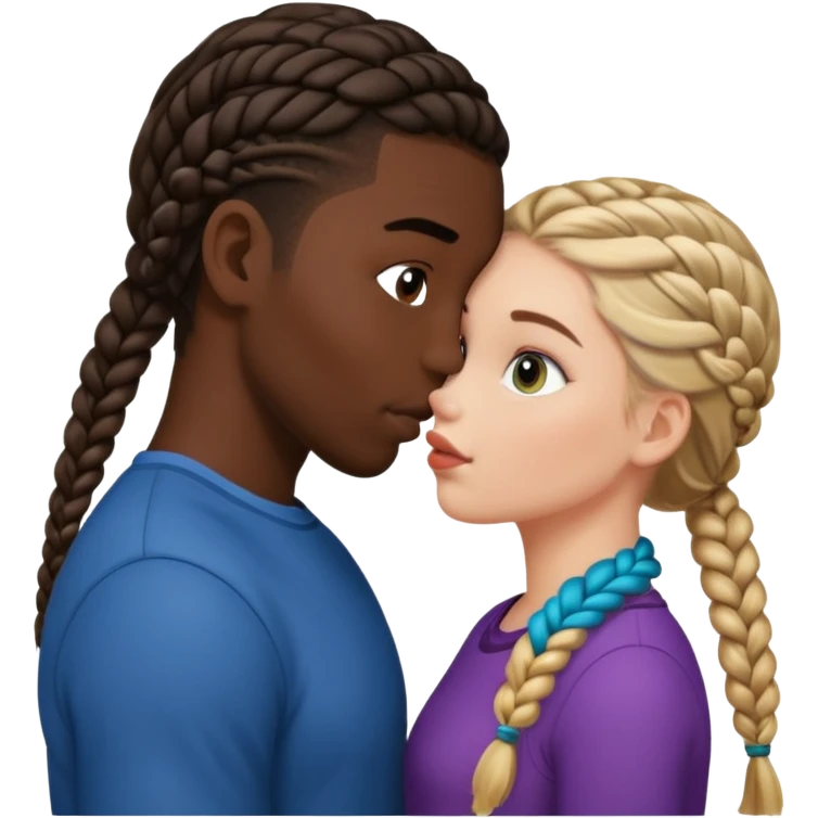 Please create a French kiss between a white girl with braids  and black boy with straight hair emoji