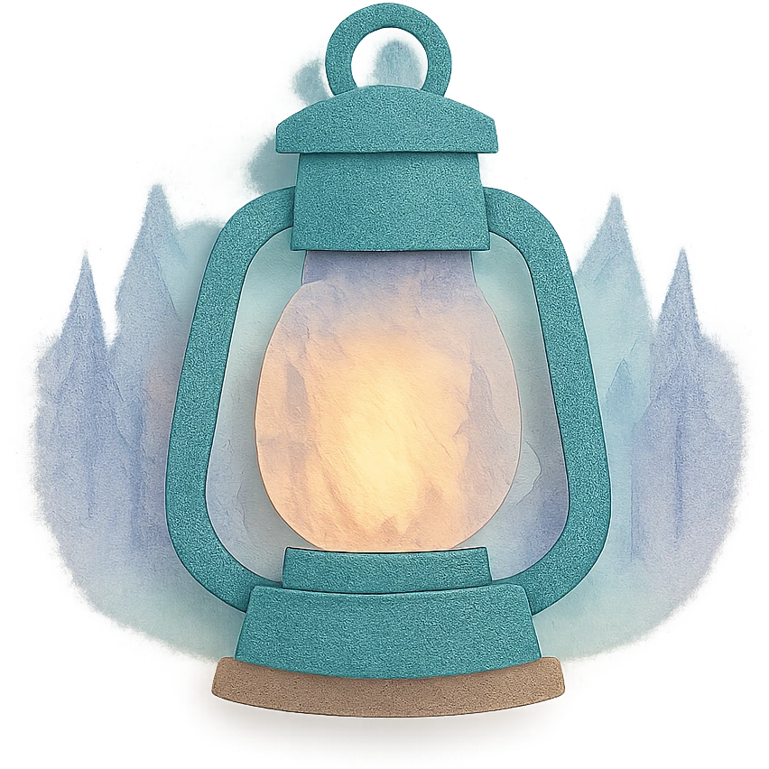 lantern glowing softly in the misty woods, calm and dreamy feel, soft pastel colors, paper craft style emoji