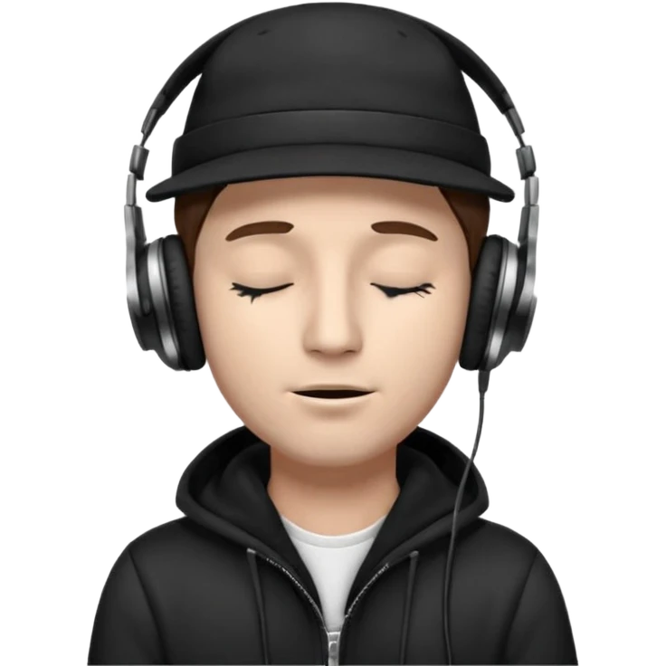 dj man white with baseball cap - rayban glasses - brown hair - closed eyes with headphones on with musical note over head (listening to music ) - eyes closed no glasses - black hat  musical notes floating around head - NO GLASSES emoji