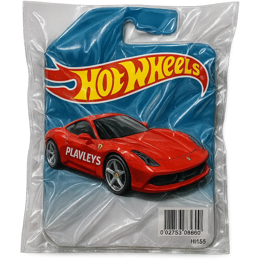 Hot Wheels blister pack with red Ferrari, 'PLAVLEYS' in bold slanted racing letters on the car, shiny and inflated vacuum-sealed style emoji