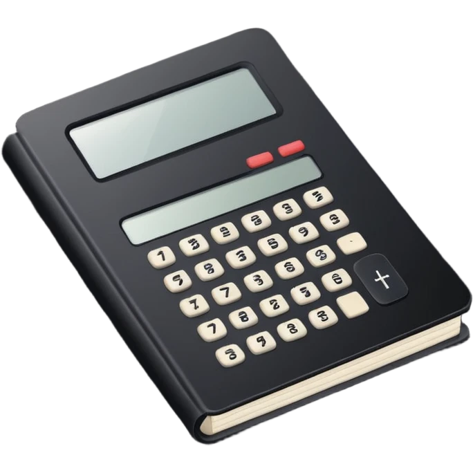 Minimalistic flat vector icon, iOS style, thin black contour on white background. Small black notebook with visible binding, placed next to a calculator. Clean, modern, no text, no shadows. emoji