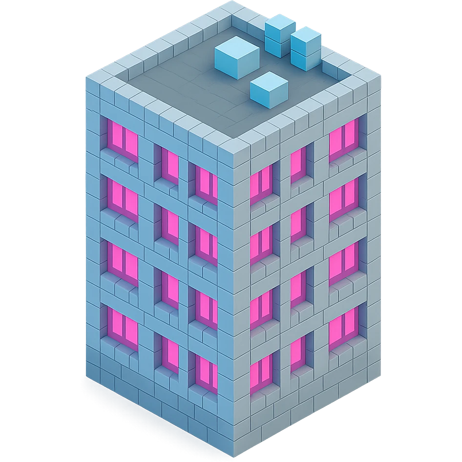 Russian panel apartment building, modern square block, light gray, windows with bright pink glow, isometric view emoji