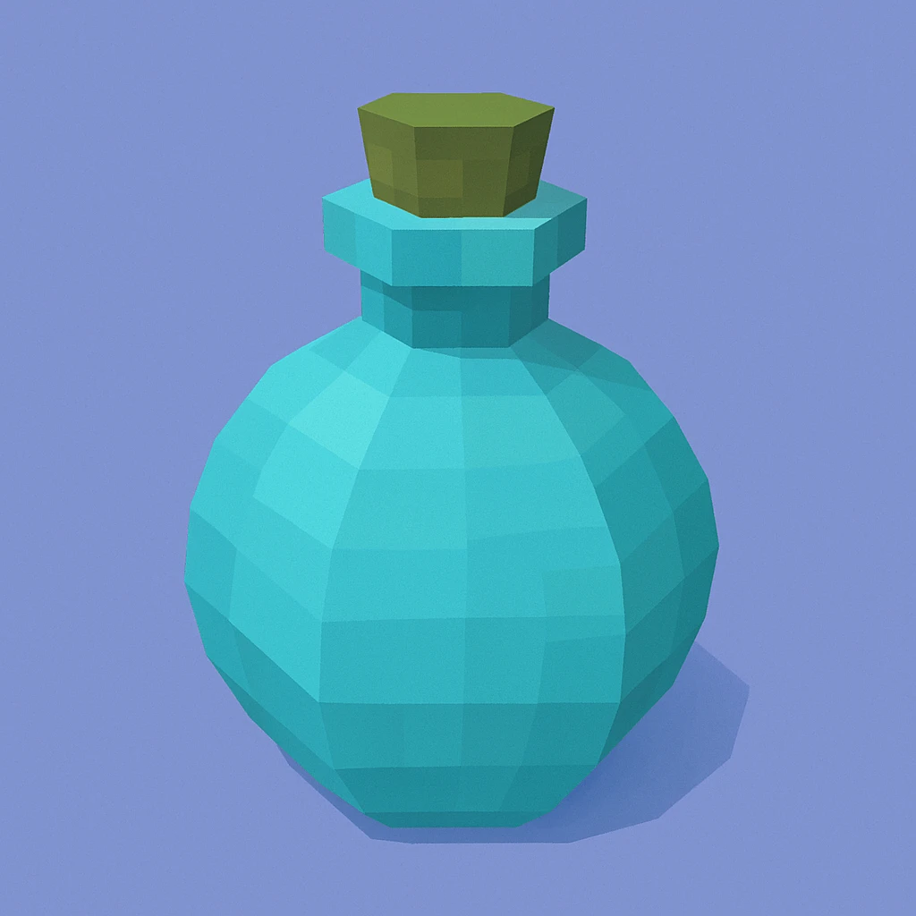 Redesign the elixir bottle in a simple 3D low poly style. Keep the bottle shape with a round bottom, remove butterflies and ornate decorations, make it minimalist and clean. Apply a glass effect and use #6fe8f3 as the main color. Suitable for a Discord role icon. emoji