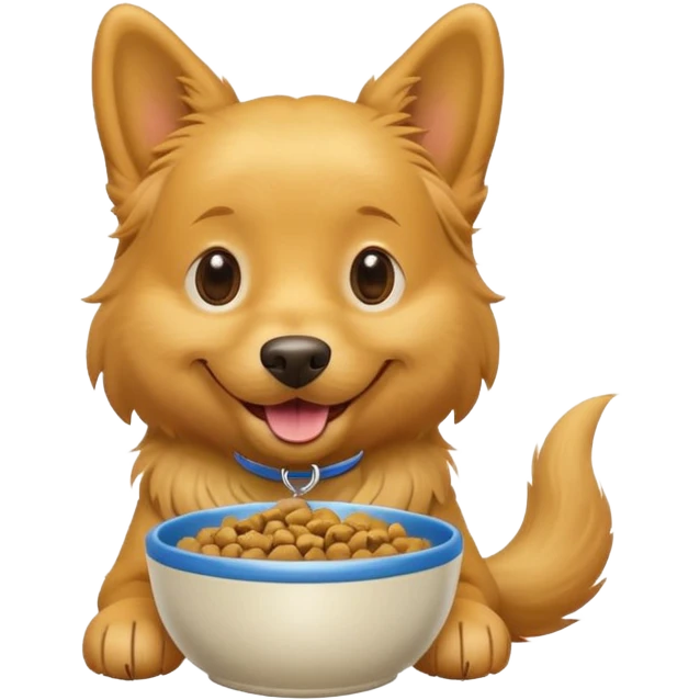 happy dog with a bowl of kibble, tail wagging emoji