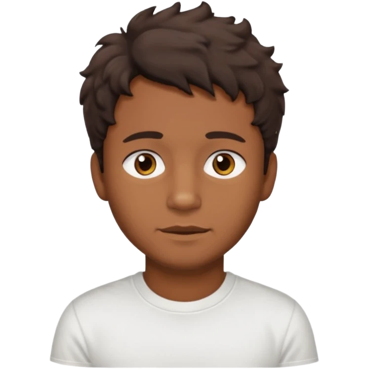 Homme brun cheveux court ondulé. Métisse. Yeux marrons très foncé. Avec t-shirt blanc avec du duvet  emoji