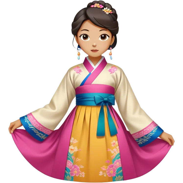 Cinematic Realistic Hanbok Emoji, depicted as a graceful intricately designed traditional Korean dress with vibrant colors and flowing lines, rendered with delicate textures and soft cultural lighting that captures its timeless elegance. emoji
