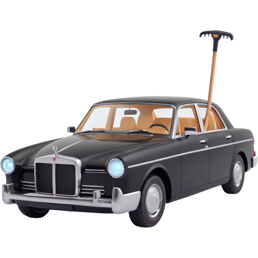 luxury black car resembling Porsche or BMW, with a hammer and a rod forming an X, floating and touching the rear right corner of the car's bodywork, a long rectangular reflection lamp illuminating the upper part of the door, elegant and modern emoji