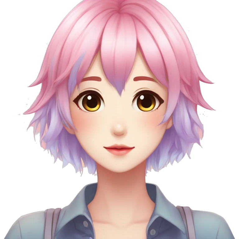 Gorgeous anime style shojo character with blushing face aesthetic and pretty colorful shiny gradient pastel hair with hair garment trending style emoji