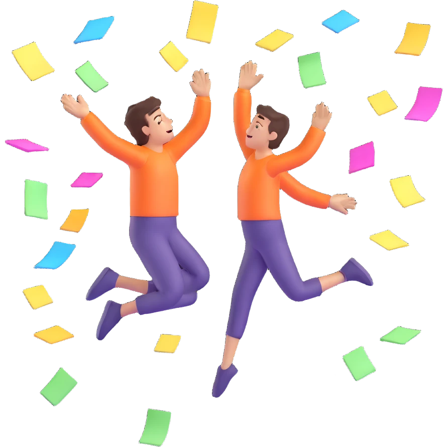 3D icon with a dynamic jumping person, multitasking, arrows in various directions, floating sticky notes, sparkles, vibrant lighting, bright and playful colors, planning concept emoji