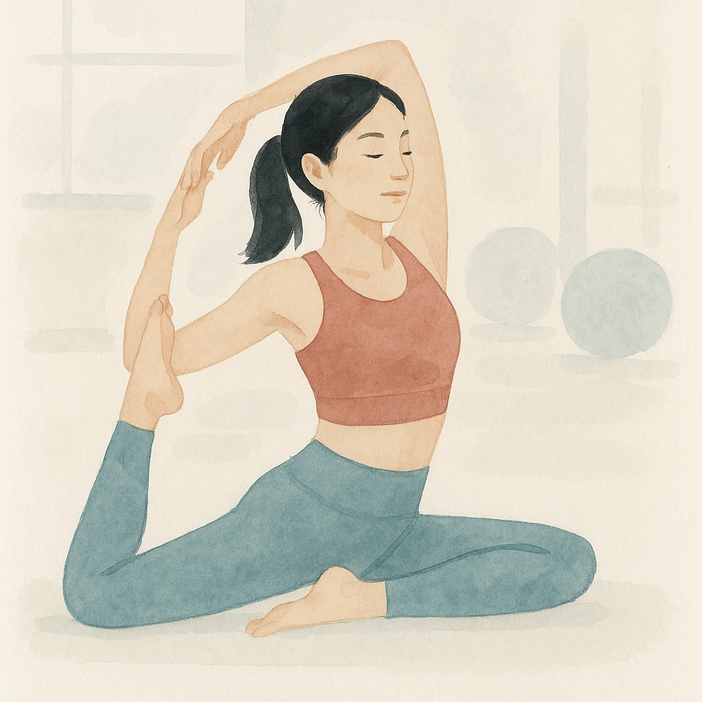 Asian woman in a yoga pose, energetic, wearing fitness attire, gym background, in watercolor art style. emoji